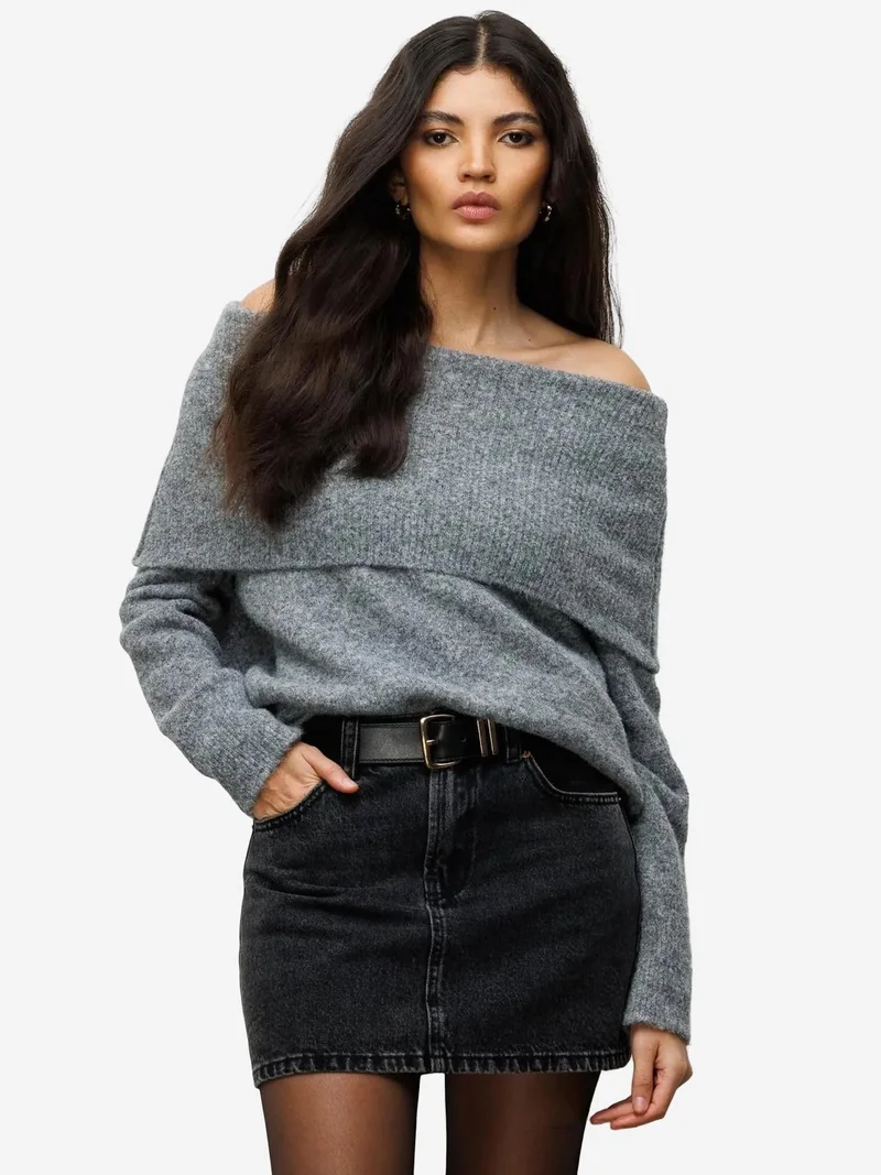 ميكسراي MIXRAY Oversized Ribbed Knitwear Blouse with Madonna Collar